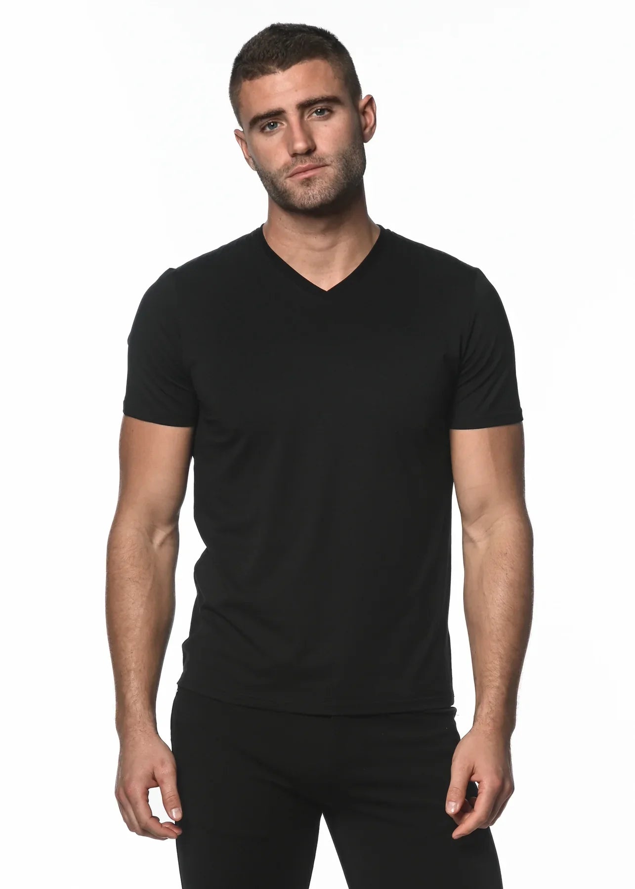 Black sorona v-neck tee made of soft cotton with a classic v-neck design for casual everyday wear