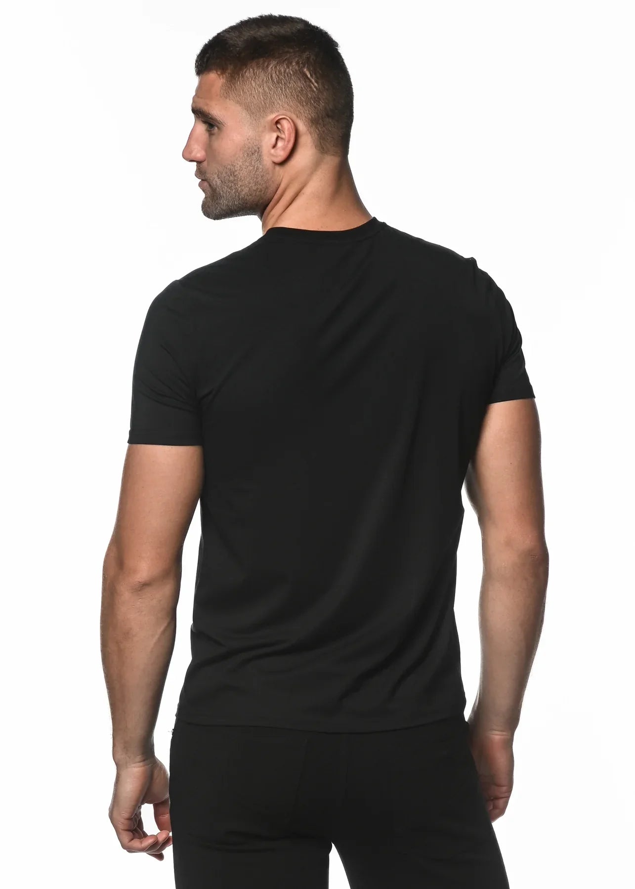 Black short-sleeved crew neck t-shirt made with sorona fabric offering comfort and durability for everyday wear
