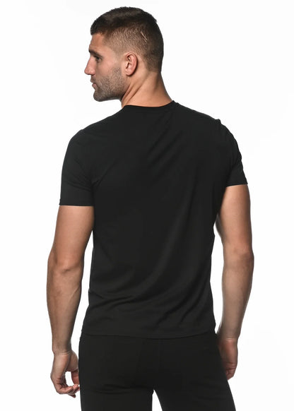 Black short-sleeved crew neck t-shirt made with sorona fabric offering comfort and durability for everyday wear