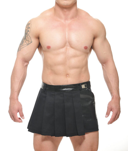 Black pleated spar wrap skirt with shiny black belt and buckle for stylish casual or formal wear
