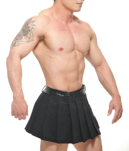 Black pleated spar wrap skirt with a shiny black belt made from lightweight fabric for stylish everyday wear