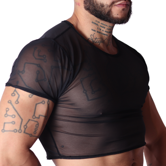 Side view of Gigo Spectrum black sheer mesh crop top on a muscular male model.
