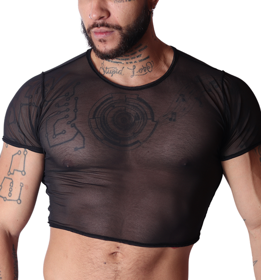 Front view of Gigo Spectrum black sheer mesh crop top on a tattooed man.