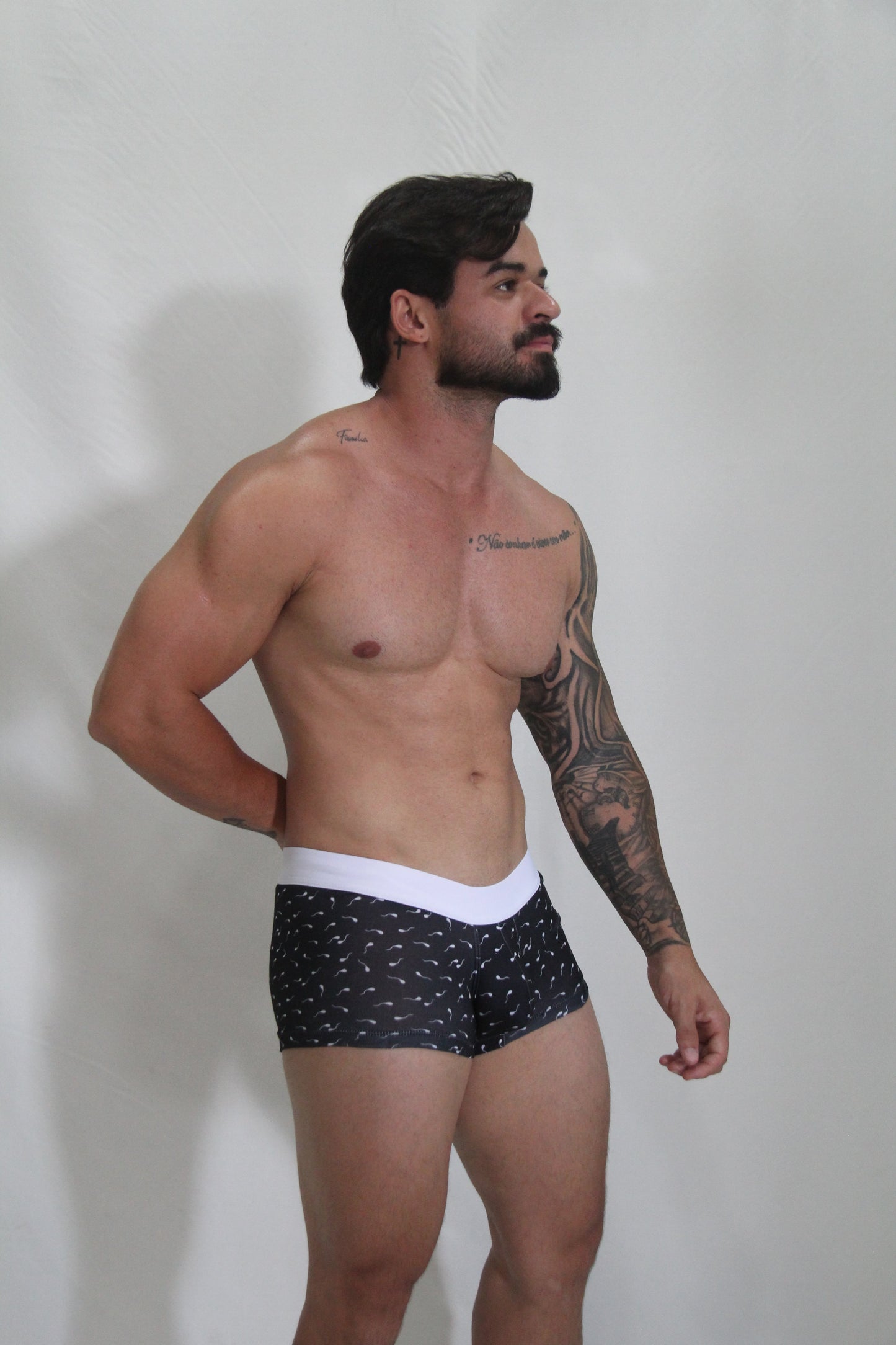 Black sperm trunk briefs with white waistband and light bird patterns for comfortable everyday wear