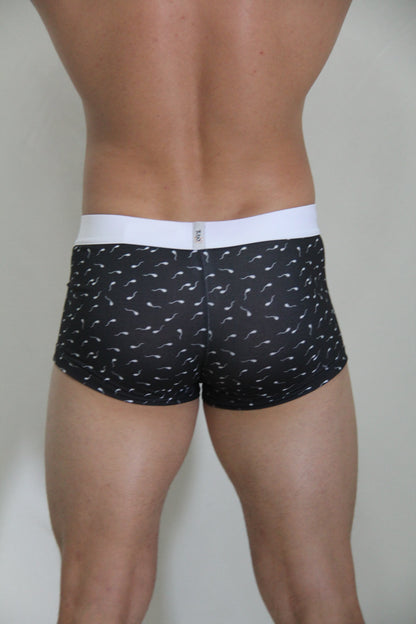 Black boxer briefs sperm trunk with white waistband and white stylized sperm pattern for casual wear