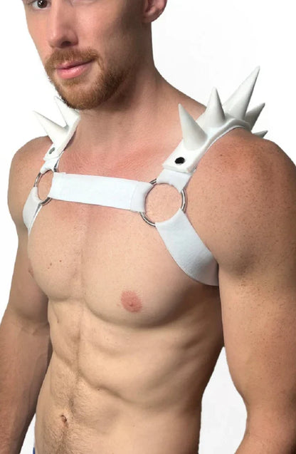 White spiked bulldog harness made of leather with circular metal rings for secure and stylish wear