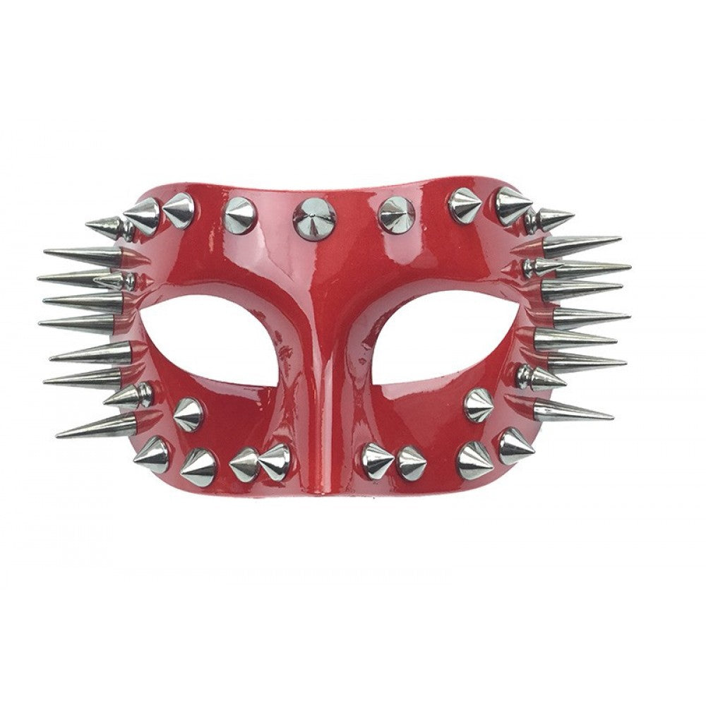 A glossy red half face mask adorned with silver spikes and studs for masquerade or costume use