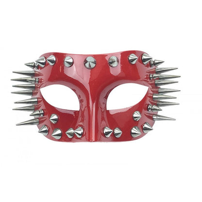 A glossy red half face mask adorned with silver spikes and studs for masquerade or costume use