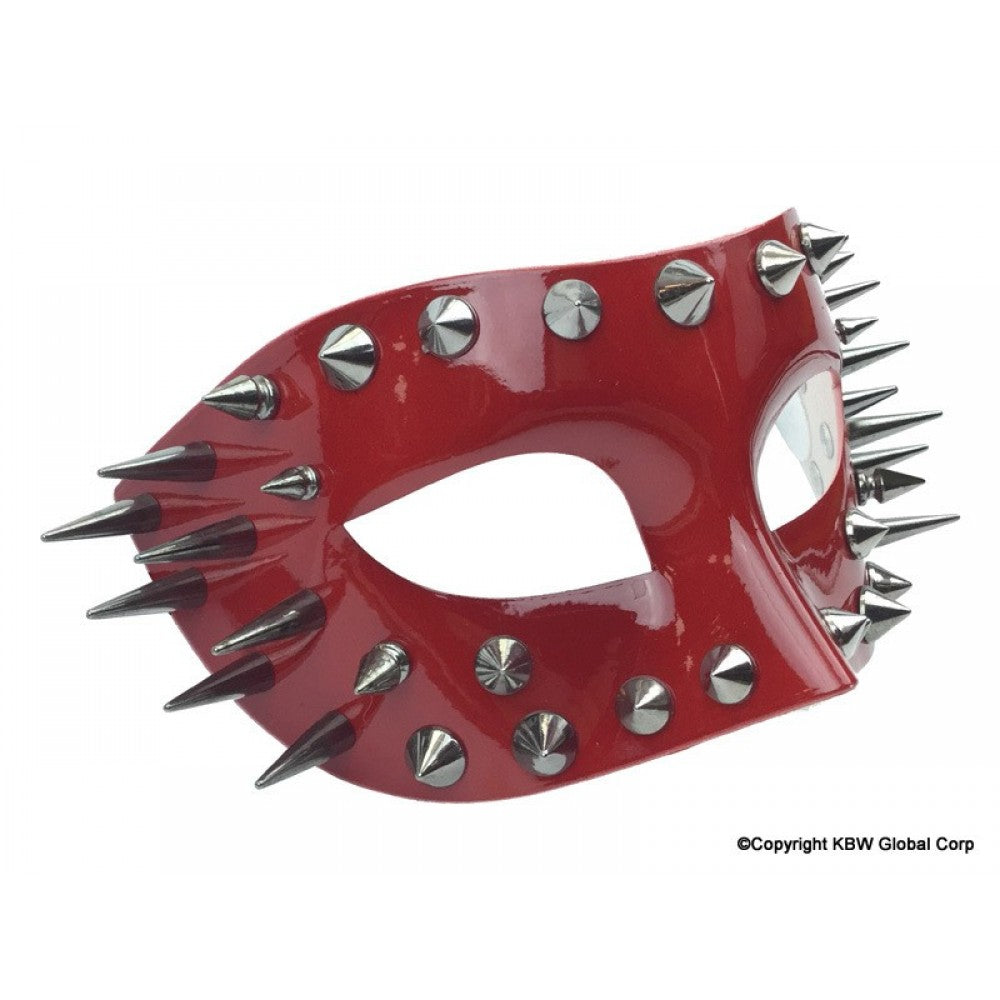 Spikes half face mask in red glossy material adorned with silver spikes and studs for edgy style