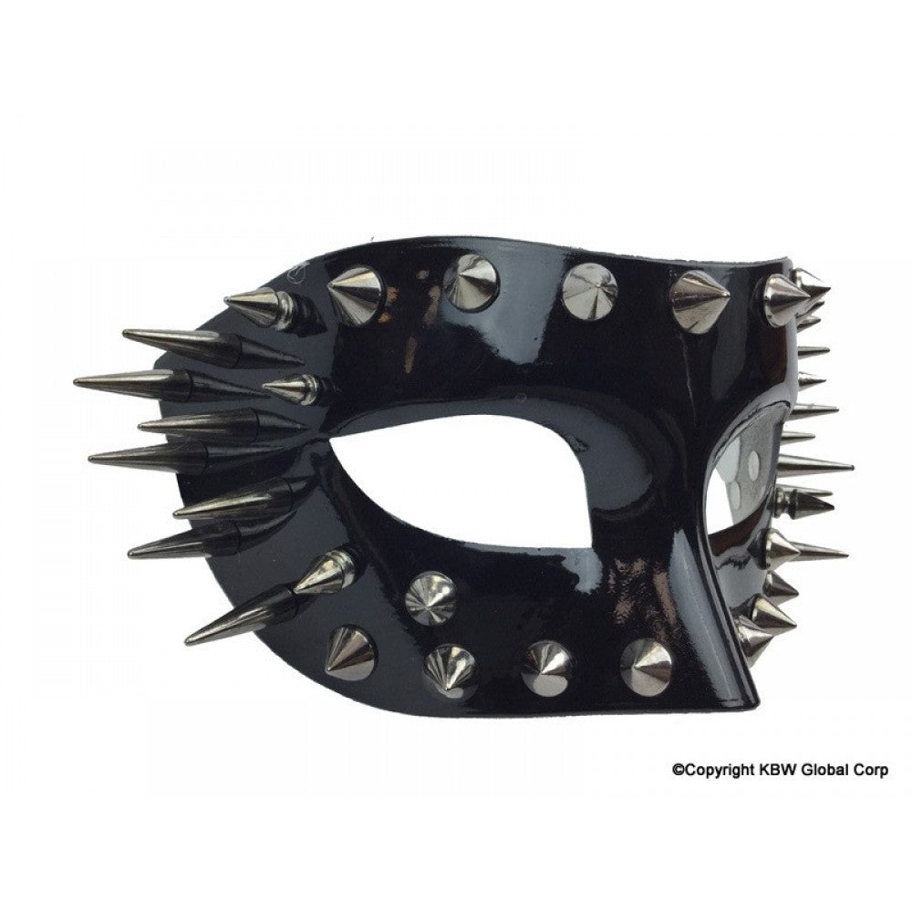 Black glossy leather half face mask with silver-toned spikes and studs available in red or black
