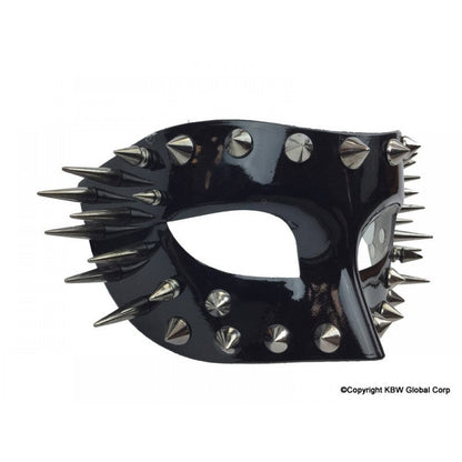 Black glossy leather half face mask with silver-toned spikes and studs available in red or black