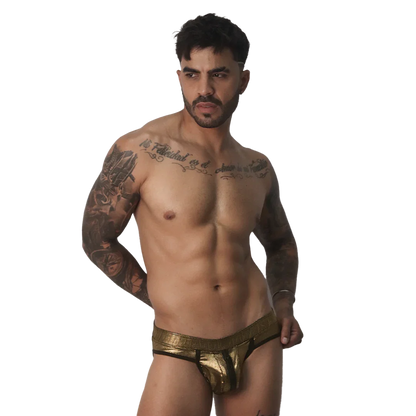 Metallic gold jockstrap with a contoured pouch, dark trim, and a wide, textured elastic waistband.