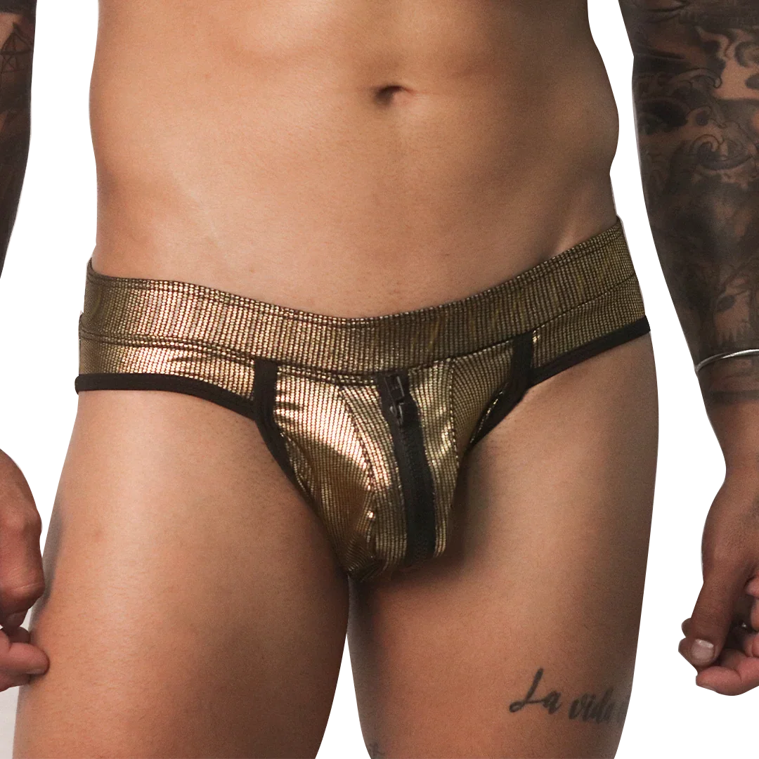 Metallic gold jockstrap with a textured finish, black trim, and a functional front zipper closure.