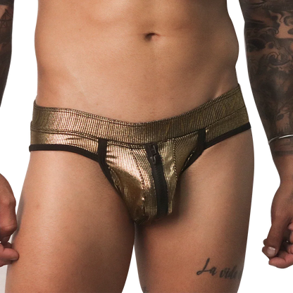 Metallic gold jockstrap with a textured finish, black trim, and a functional front zipper closure.