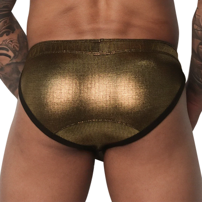 Metallic gold brief with a textured finish, thick waistband, and black trim, worn from the back.