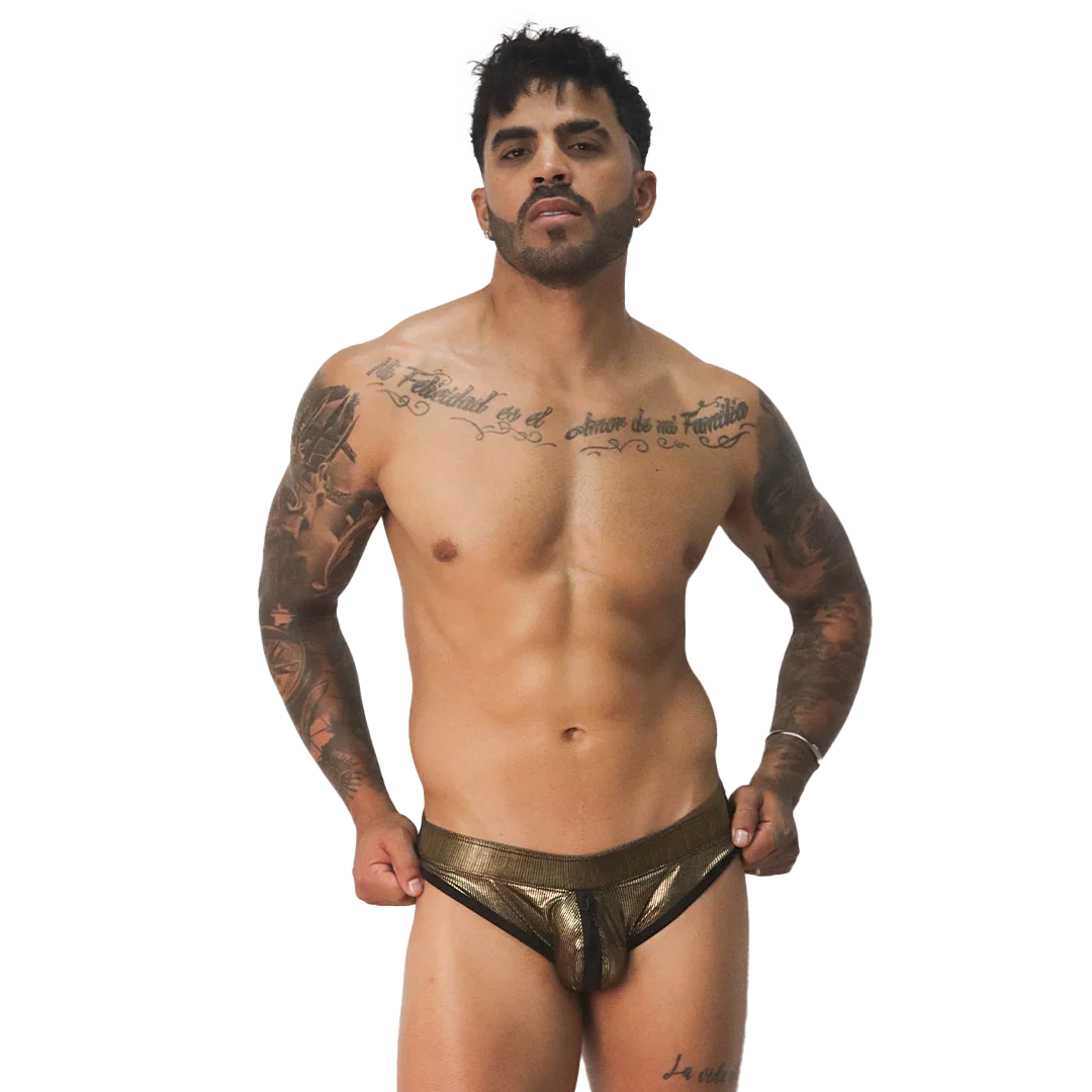Metallic gold Gigo Splendor brief with black trim and a center front zipper detail.