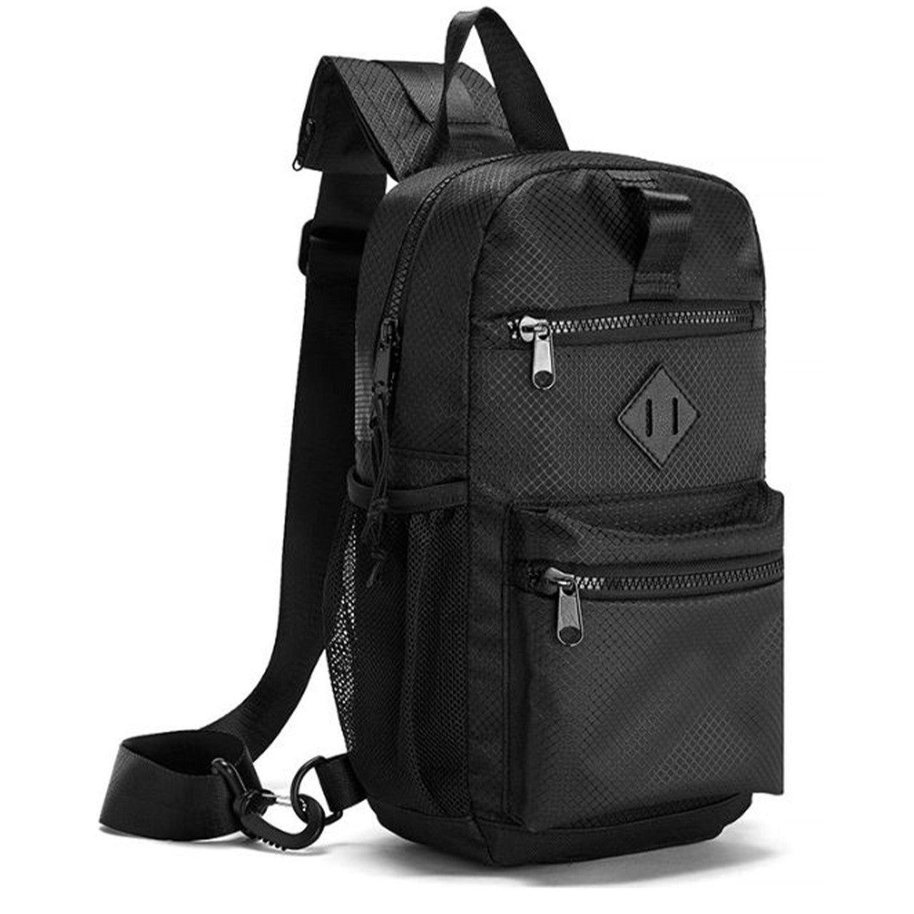 Black textured nylon sport crossbody sling bag with diamond logo patch and mesh side pockets for easy access