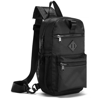 Black textured nylon sport crossbody sling bag with diamond logo patch and mesh side pockets for easy access