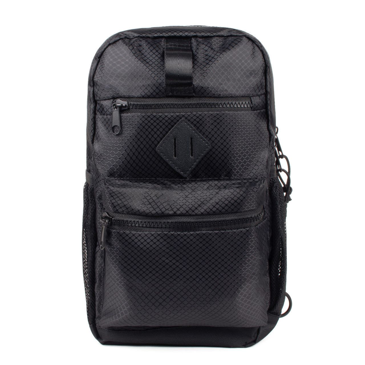 Sport crossbody sling bag in black mesh with diamond patch and multiple zippered compartments for easy storage