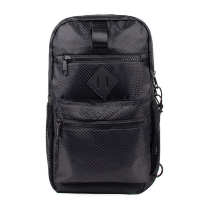 Sport crossbody sling bag in black mesh with diamond patch and multiple zippered compartments for easy storage