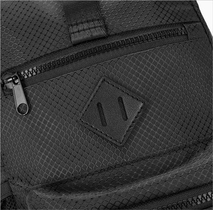 Sport crossbody sling bag in black mesh texture with diamond leather patch and black zipper details