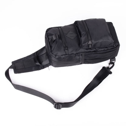 Black sport crossbody sling bag with mesh panels and multiple zippered compartments for tactical use