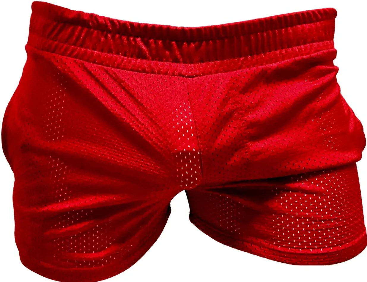 Red sports mesh short made of breathable mesh fabric with elastic waistband for athletic use