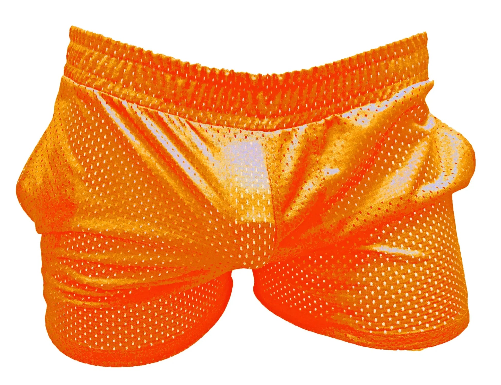 Bright orange sports mesh shorts with shiny reflective finish and elastic waistband for athletic use