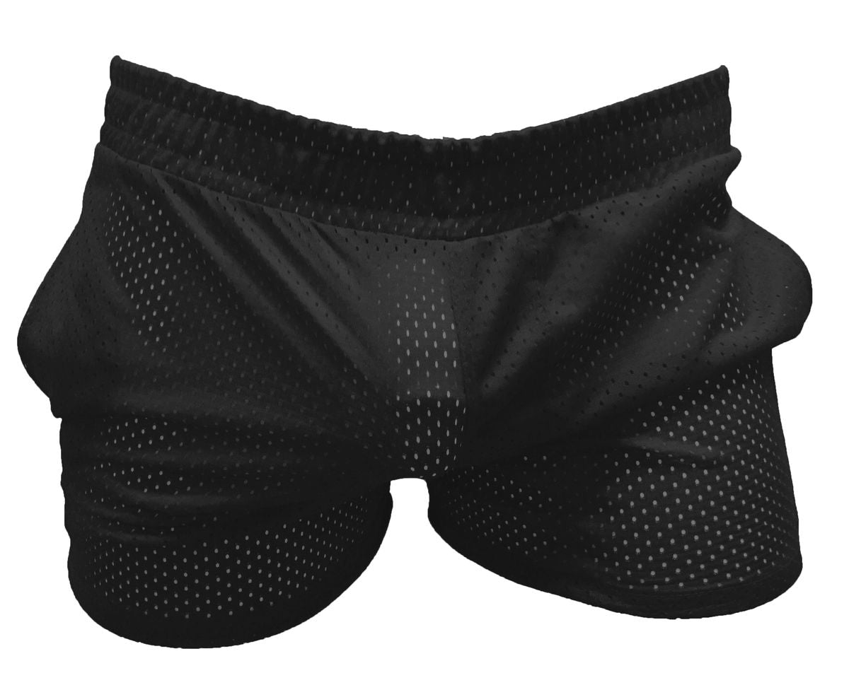 Black mesh athletic shorts with snug elastic waistband designed for sports and workout activities