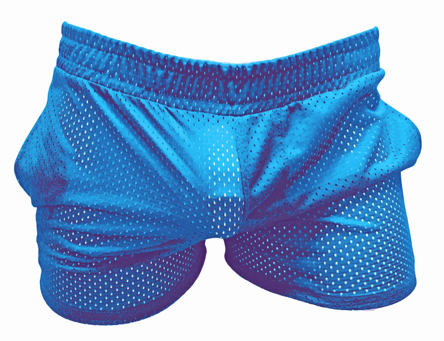 Bright blue sports mesh shorts with snug elastic waistband made of breathable mesh fabric for athletic use