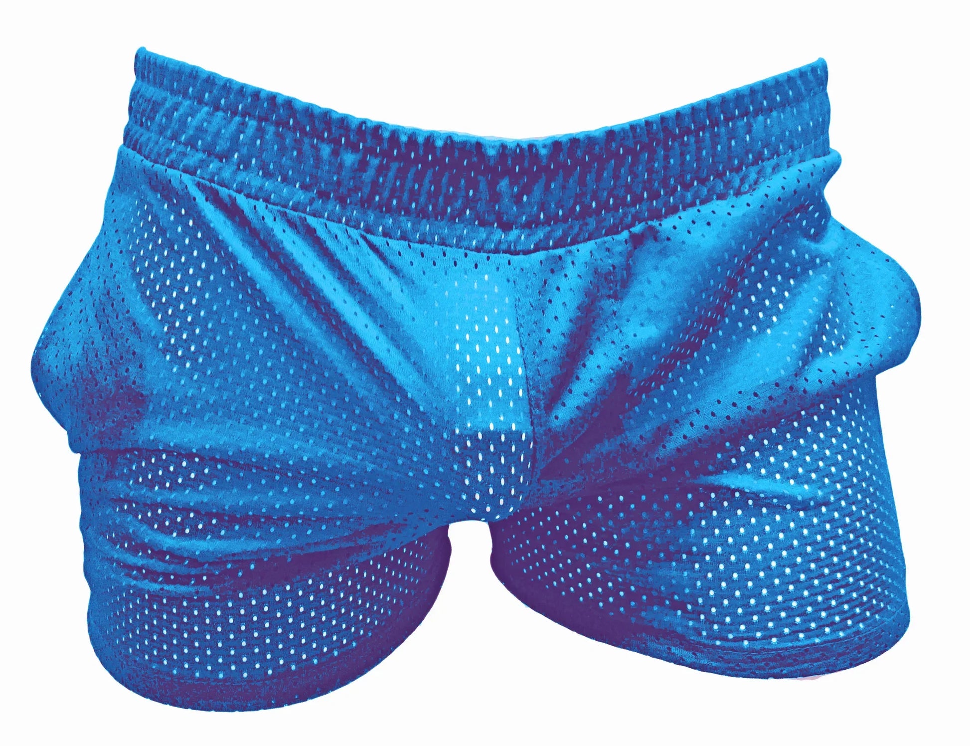 Bright blue sports mesh shorts with snug elastic waistband made of breathable mesh fabric for athletic use