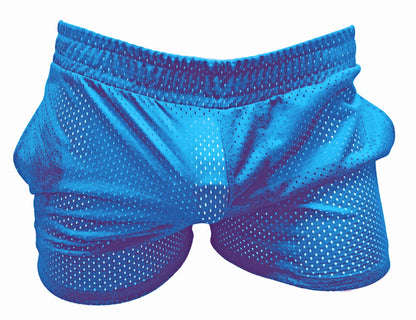 Bright blue sports mesh shorts with snug elastic waistband made of breathable mesh fabric for athletic use