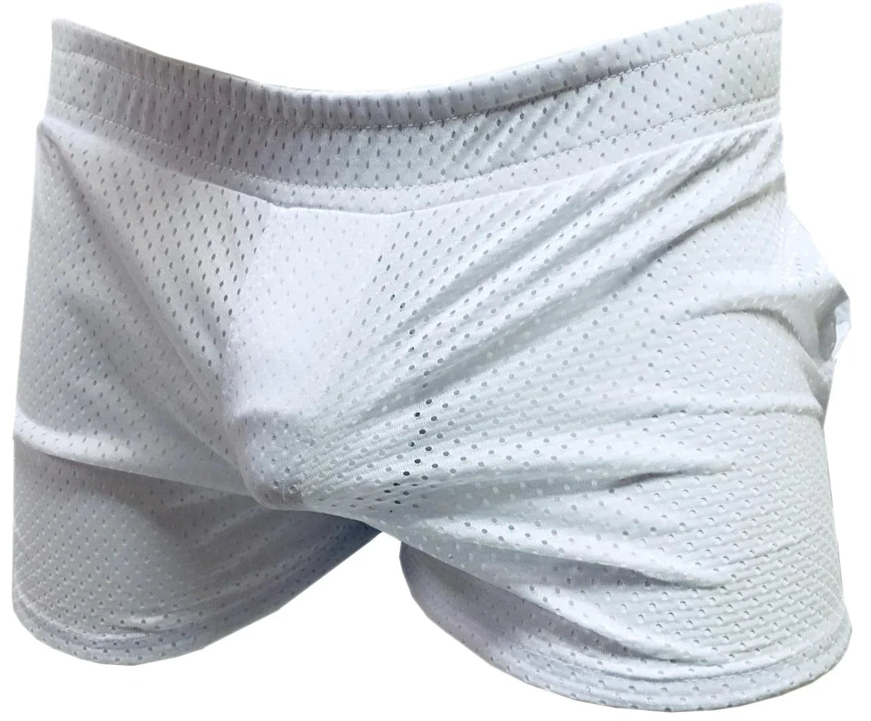 White mesh athletic shorts with a snug form-fitting design ideal for sports and activewear