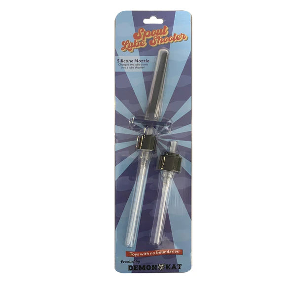 Clear silicone Spout Lube Shooter nozzle with black caps in branded blister pack for precise lubrication application