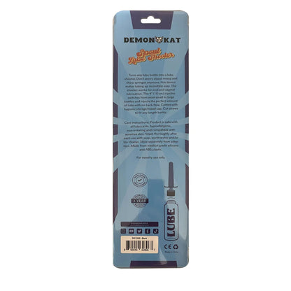 Demon kat spout lube shooter is a sleek black and transparent plastic device designed to inject lubricant into bottles