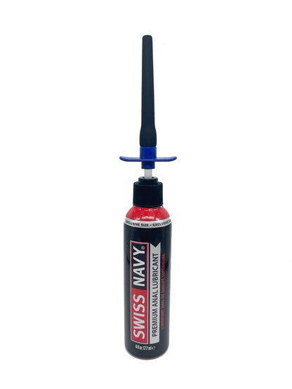 Black bottle with red cap and blue nozzle labeled swiss navy premium anal lubricant in spout lube shooter design