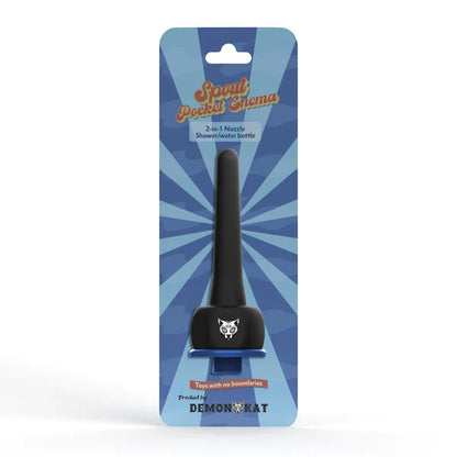 Black plastic 2-in-1 shower and water bottle with cat face emblem on base packaged in blue cardboard for enema use