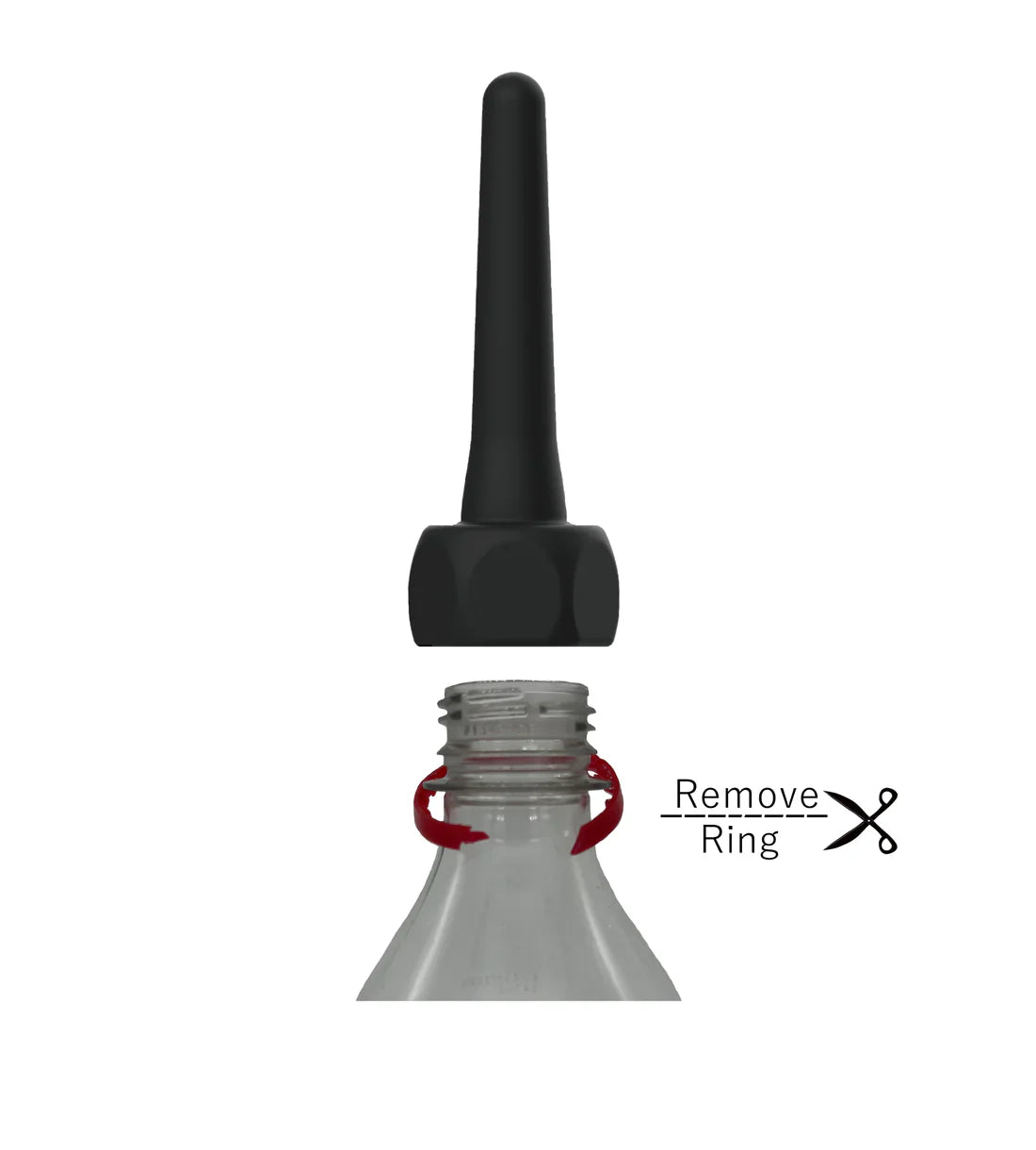 Black plastic spout pocket enema bottle cap with tapered spout and hexagonal base for controlled dispensing