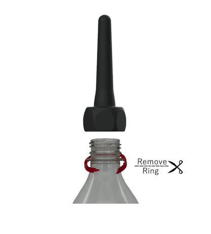 Black plastic spout pocket enema bottle cap with tapered spout and hexagonal base for controlled dispensing