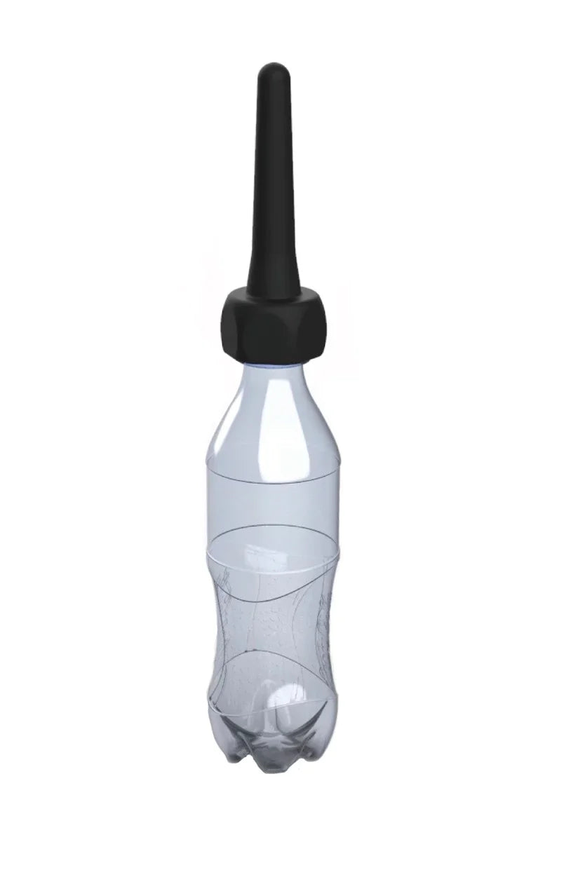 Clear plastic spout pocket enema bottle with black screw-on cap and long narrow black spout for easy use
