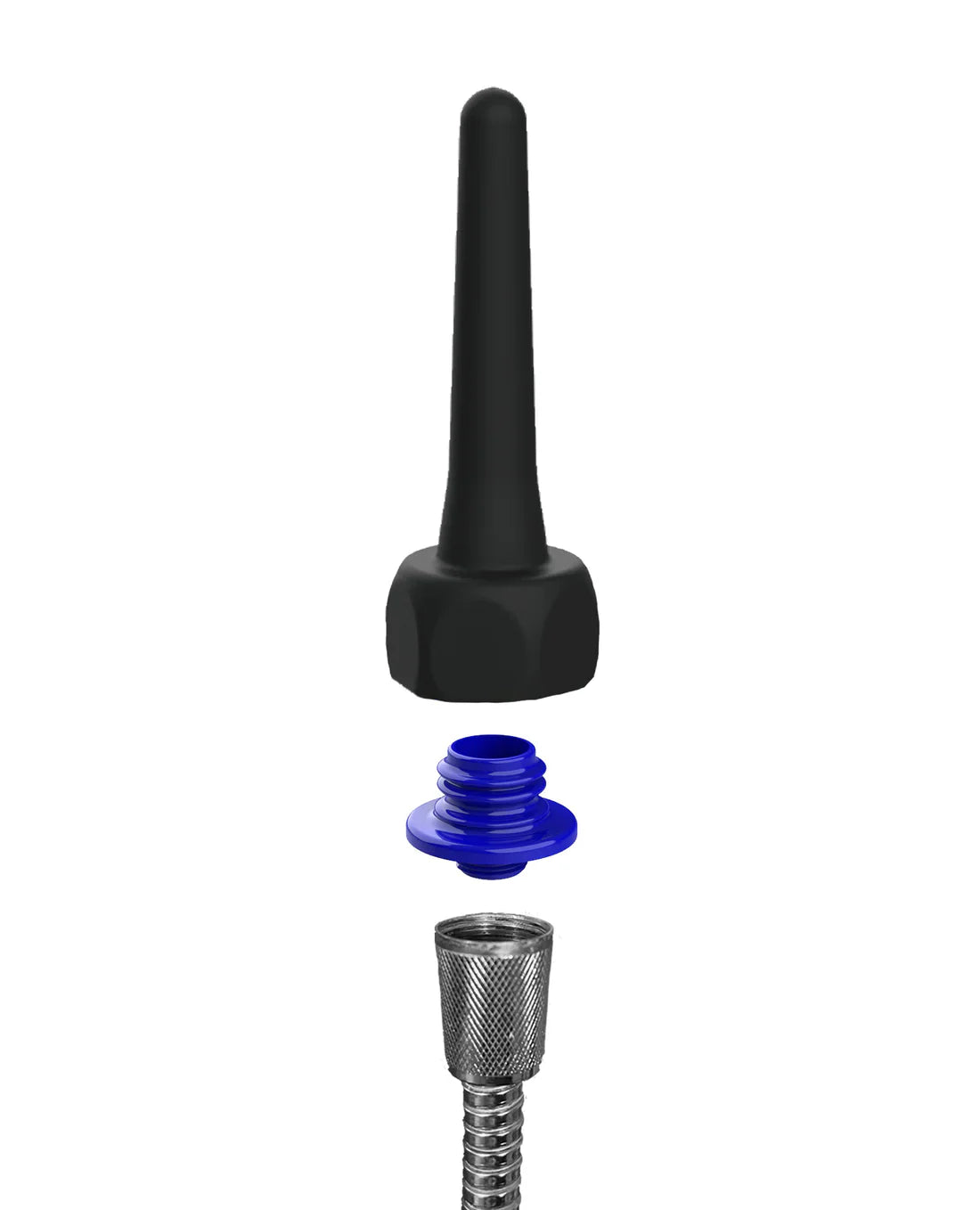 Black rubber nozzle with blue plastic cap and metallic threaded connector for spout pocket enema use