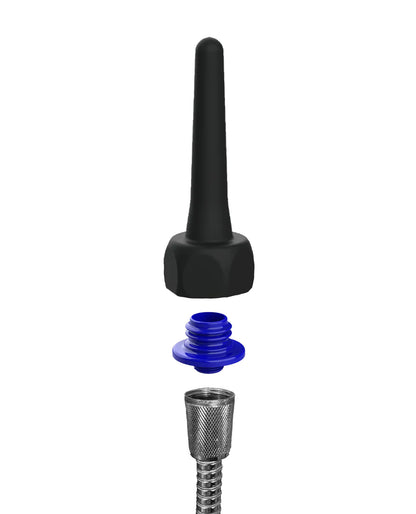 Black rubber nozzle with blue plastic cap and metallic threaded connector for spout pocket enema use