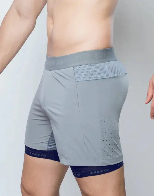 Spr flex short gray athletic shorts with mesh waistband navy blue trim and perforated breathable panels