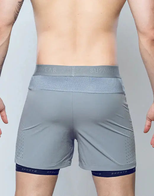 Gray spr flex athletic shorts with mesh waistband navy blue hem trim and spreyd branding for active wear