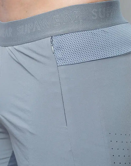Gray spr flex athletic shorts with perforated mesh panel and elastic waistband featuring supawear logo