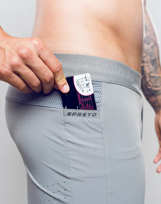 Gray spr flex short athletic briefs with mesh waistband and branded pocket for activewear use