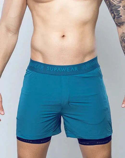 Teal spr flex short supawear athletic shorts with elastic waistband and dark blue inner lining for active use