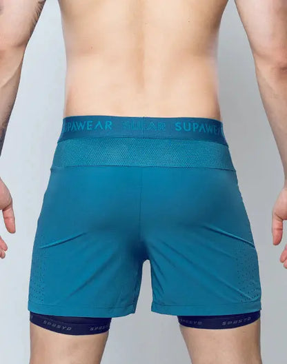 Teal SPR FLEX SHORT athletic shorts with mesh waistband dark blue trim featuring supawear brand name