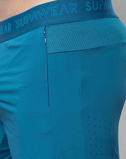 Teal SPR FLEX SHORT athletic leggings with perforated mesh waistband and side zipper for flexible workouts