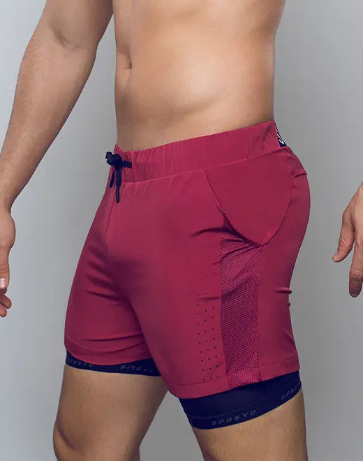 Spr max short red athletic shorts with navy blue drawstring mesh paneling and double-layer design for activewear